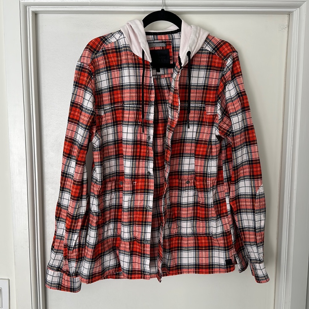 Madison Supply Orange Plaid Button Up Hooded Sweat Shirt
